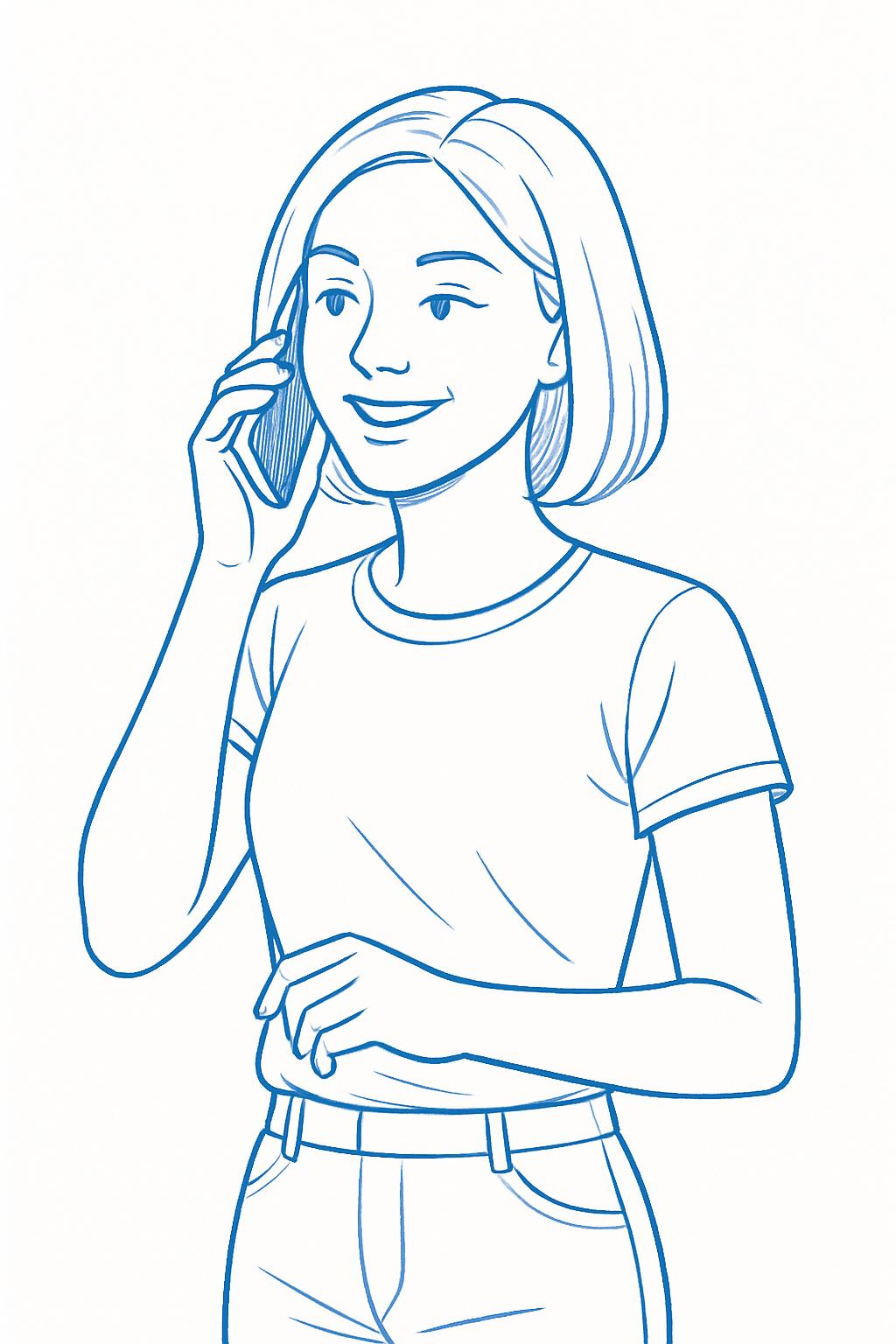 Dessin de Marie Mulot au trait bleu, tenant un portable.